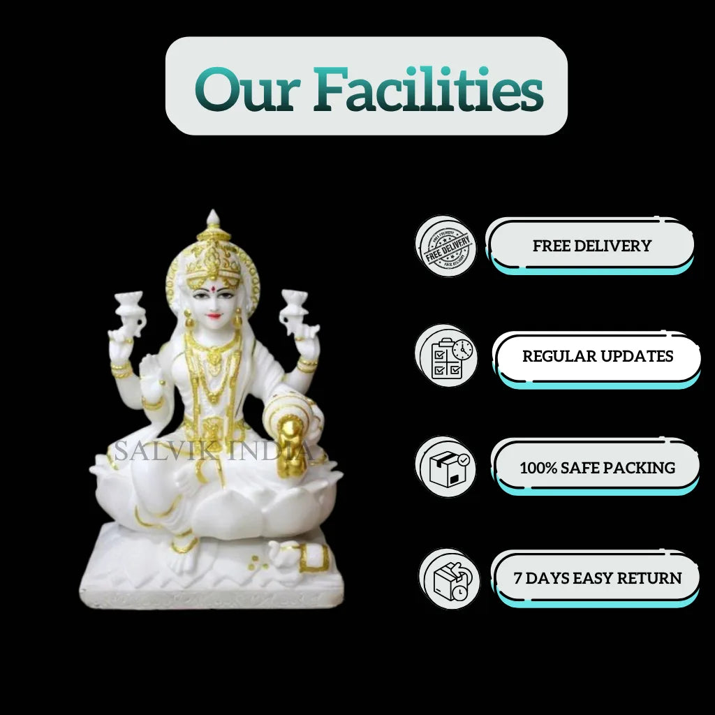 andcrafted Lakshmi marble idol with intricate carving