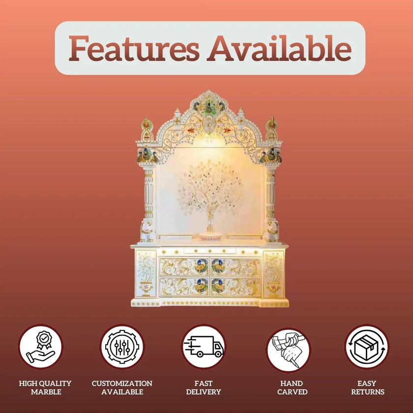 Front view handcrafted Makrana marble mandir for home temple installation