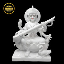 Handcrafted marble Saraswati murti for pooja room detailed carving