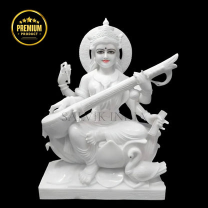 Handcrafted marble Saraswati murti for pooja room detailed carving