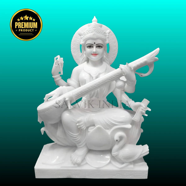 Handcrafted marble Saraswati murti for pooja room detailed carving