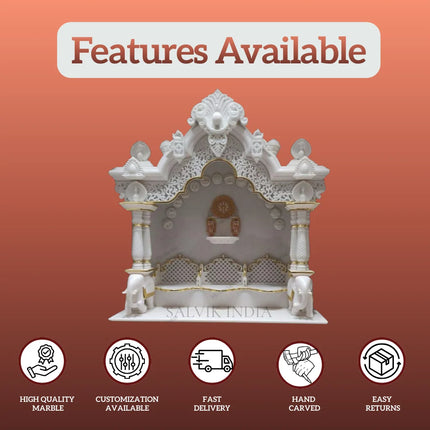 Handcrafted marble temple design with detailed front carving and elegant structure