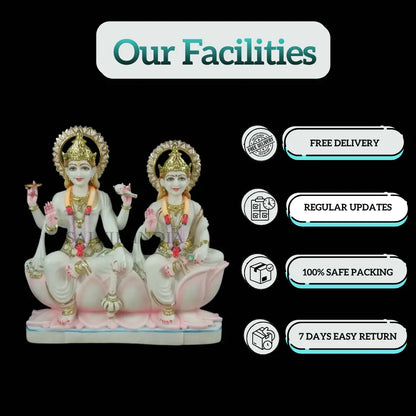 Handcrafted marble Vishnu Lakshmi idol with traditional crowns and intricate ornaments