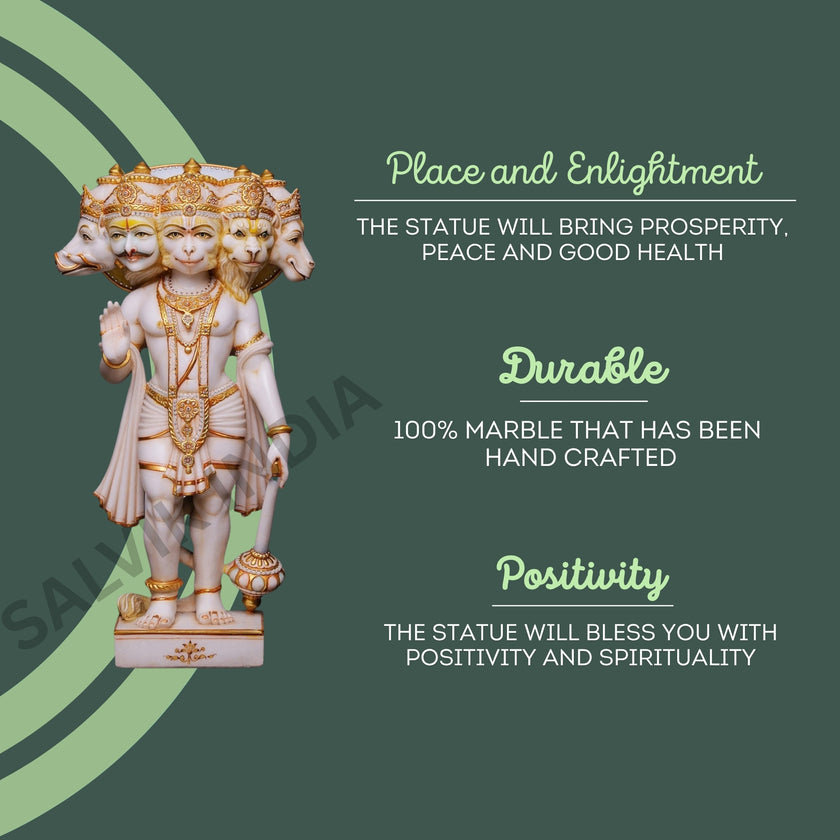 Makrana marble Panchmukhi Hanuman idol symbolizing positivity, durability, and spiritual enlightenment handcrafted by Salvik India.