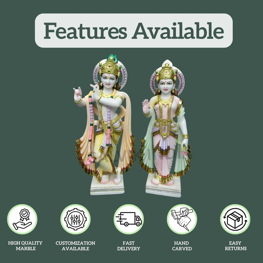 Handcrafted Radha Krishna murti front view showing divine detailing and polish finish