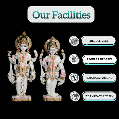 Handcrafted Vishnu Lakshmi marble statue with traditional carving and detailed ornaments