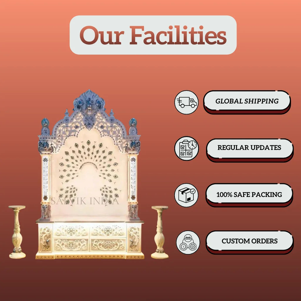Handcrafted white marble mandir for home temple