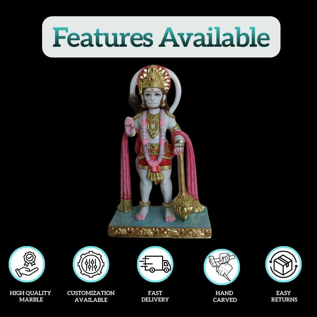 Features of Hanuman idol for home – handcrafted white marble Hanuman murti with high-quality marble, fast delivery, and customization by Salvik India
