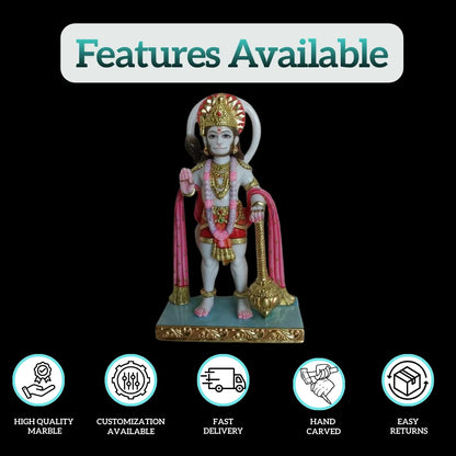 Features of Hanuman idol for home – handcrafted white marble Hanuman murti with high-quality marble, fast delivery, and customization by Salvik India