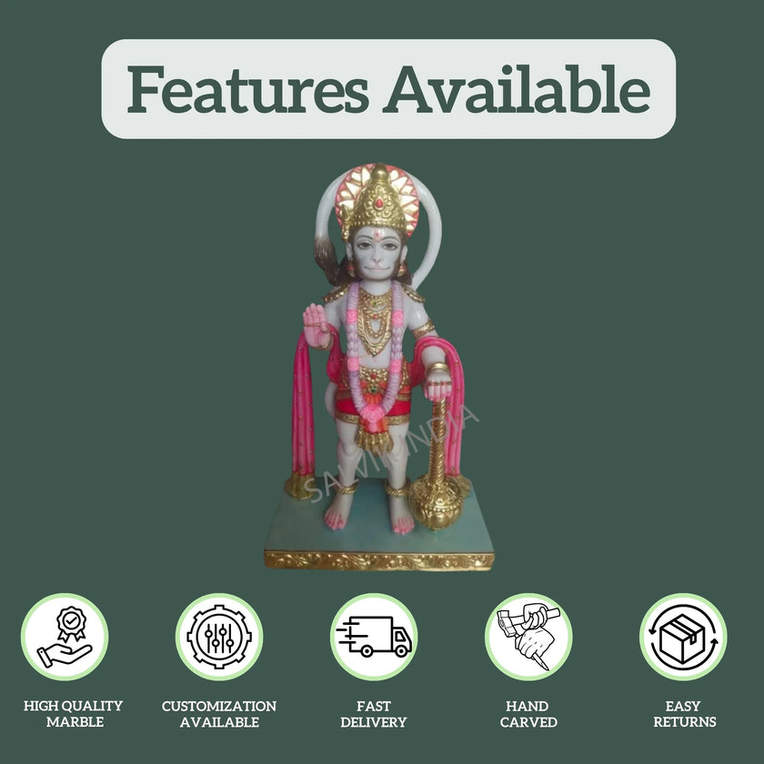 Features of Hanuman idol for home – handcrafted white marble Hanuman murti with high-quality marble, fast delivery, and customization by Salvik India