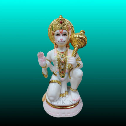 Hanuman Ji marble idol in chowki blessing pose with gada hand-painted Makrana marble