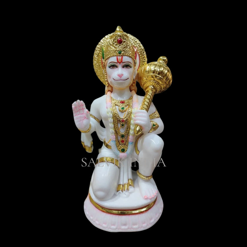 Hanuman Ji marble idol in chowki blessing pose with gada hand-painted Makrana marble