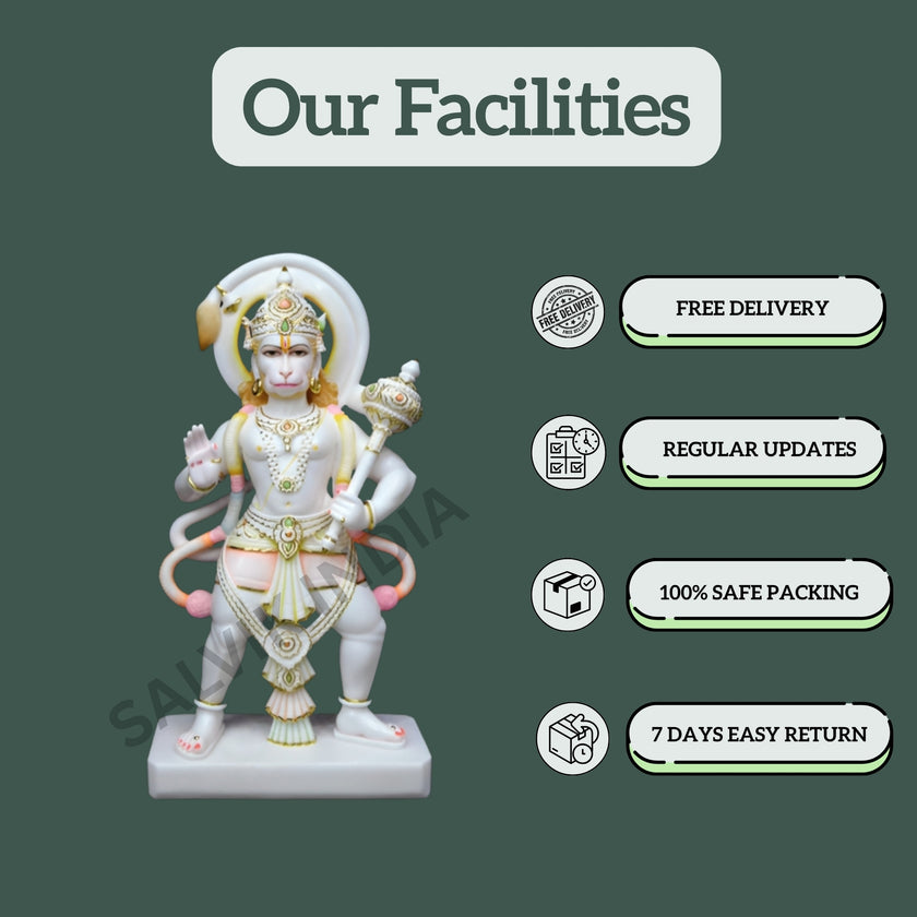 Makrana marble Hanuman Ji murti with Salvik India facilities such as free delivery, safe packing, and easy returns.