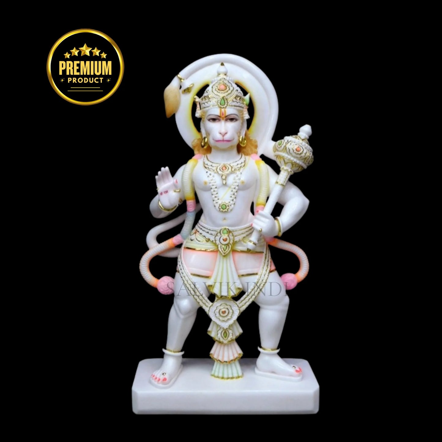 White marble Hanuman Ji murti handcrafted in Makrana marble with intricate gold detailing, available at the best price from Salvik India.