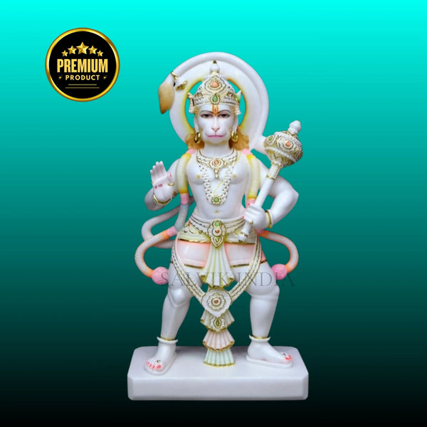 White marble Hanuman Ji murti handcrafted in Makrana marble with intricate gold detailing, available at the best price from Salvik India.