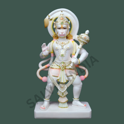 White marble Hanuman Ji murti handcrafted in Makrana marble with intricate gold detailing, available at the best price from Salvik India.