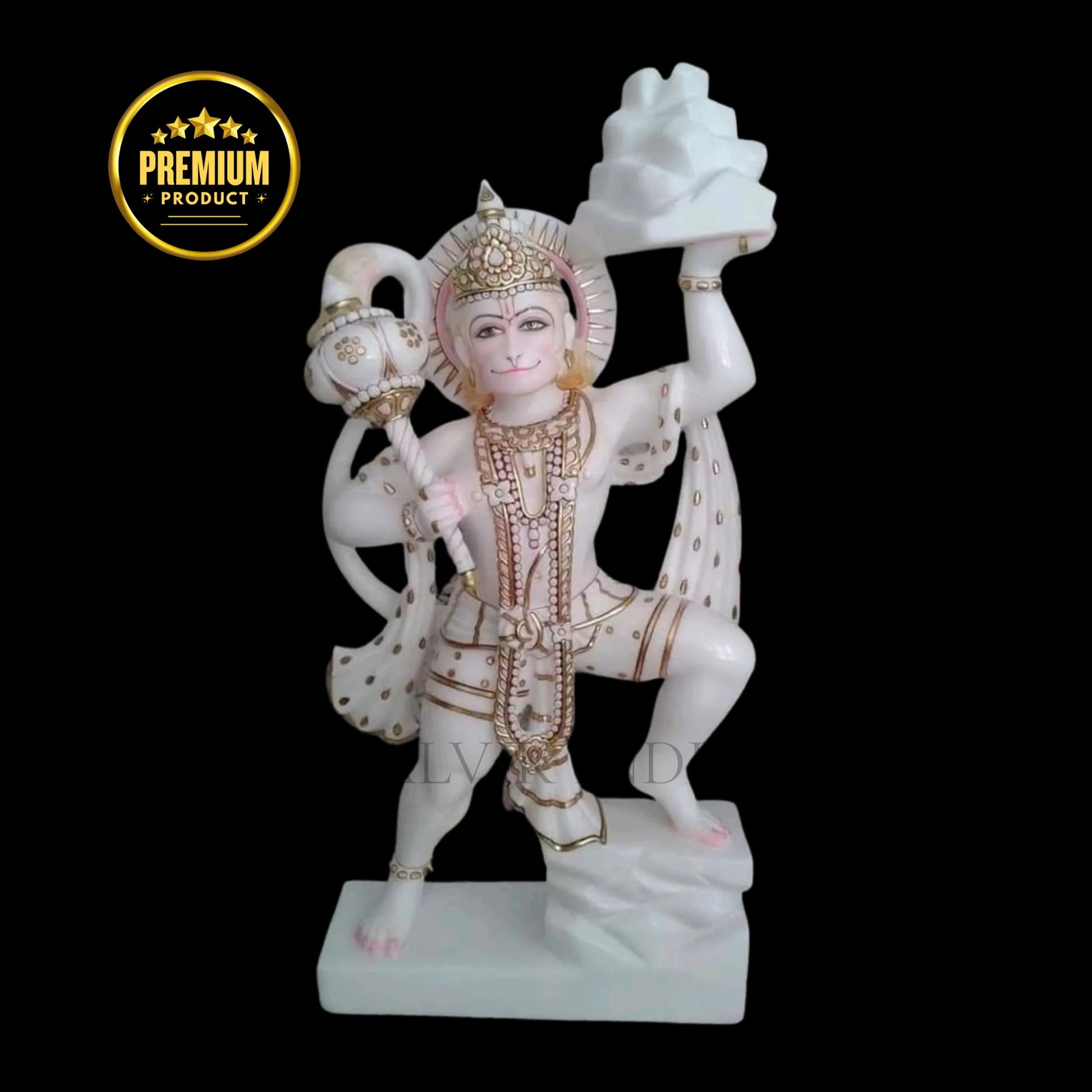 Hanuman Ji marble statue carrying Sanjeevani Parvat handcrafted in pure Makrana white marble by Salvik India.