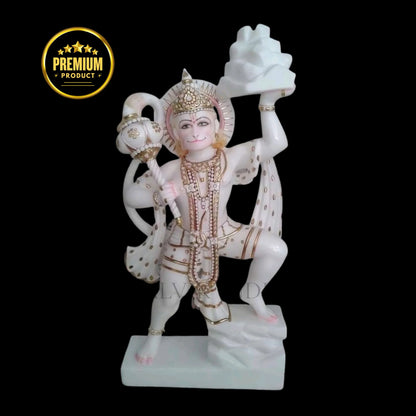Hanuman Ji marble statue carrying Sanjeevani Parvat handcrafted in pure Makrana white marble by Salvik India.