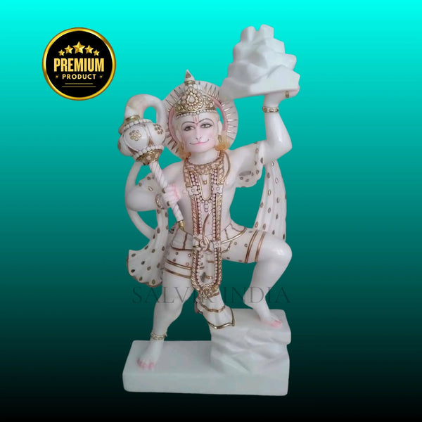 Hanuman Ji marble statue carrying Sanjeevani Parvat handcrafted in pure Makrana white marble by Salvik India.