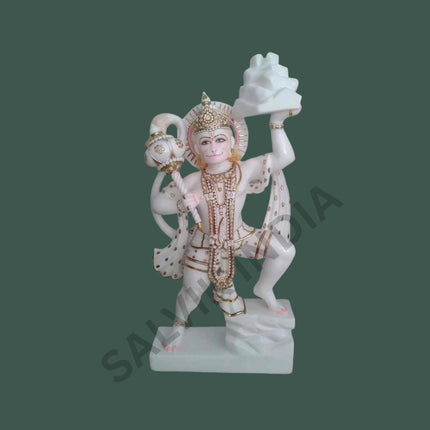 Hanuman Ji marble statue carrying Sanjeevani Parvat handcrafted in pure Makrana white marble by Salvik India.