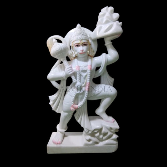 White marble Hanuman Ji statue holding Sanjeevani Parvat handcrafted by Salvik India