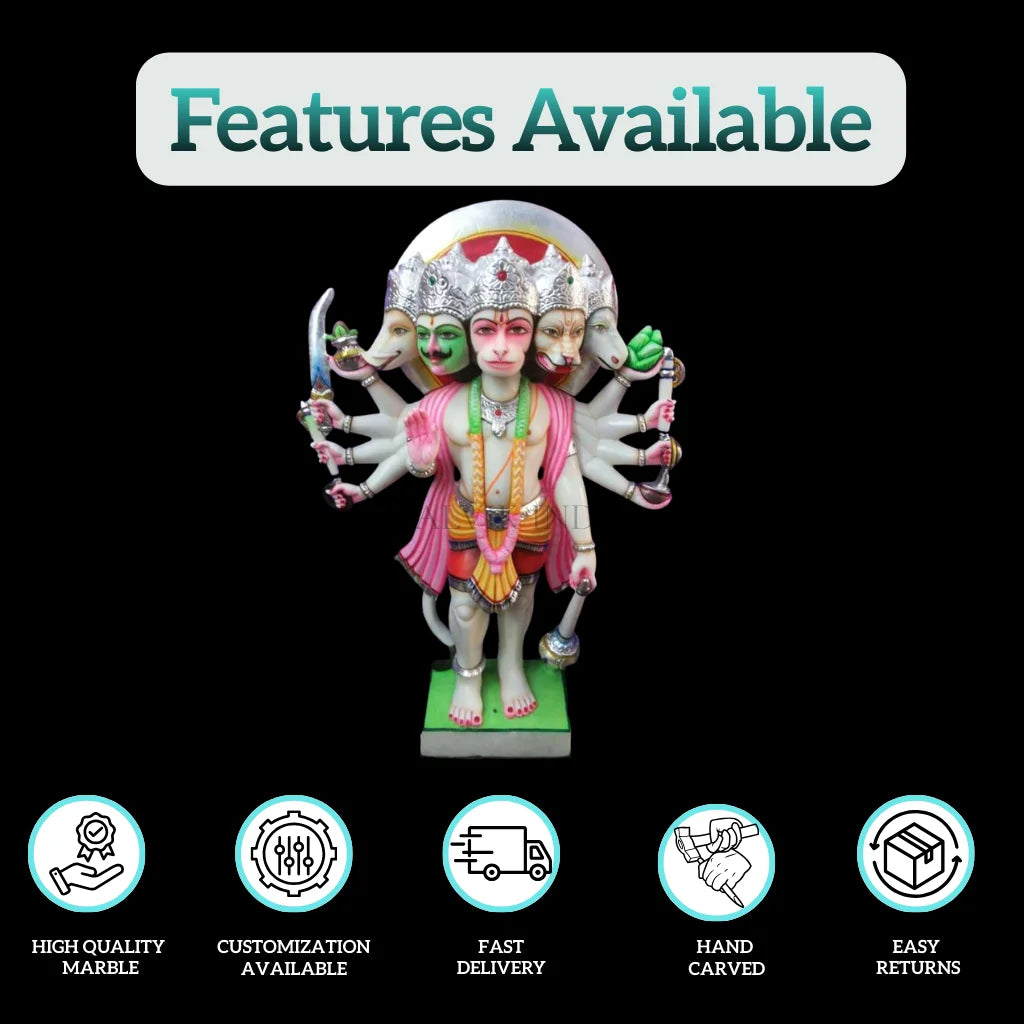 White marble Panchmukhi Hanuman statue showcasing product features like high quality marble, customization, and fast delivery.