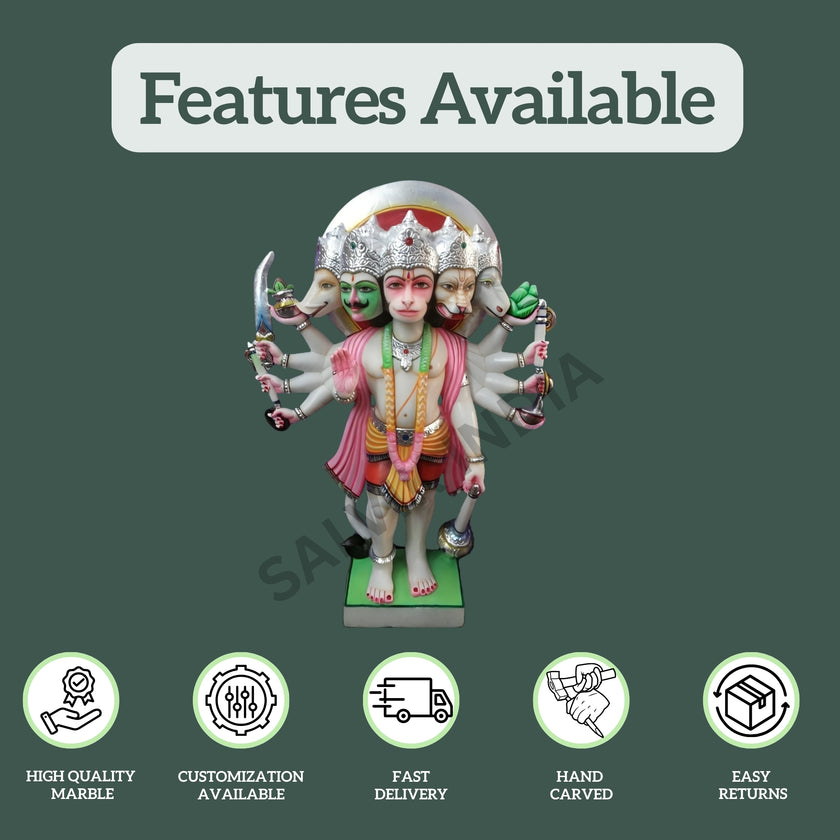 White marble Panchmukhi Hanuman statue showcasing product features like high quality marble, customization, and fast delivery.