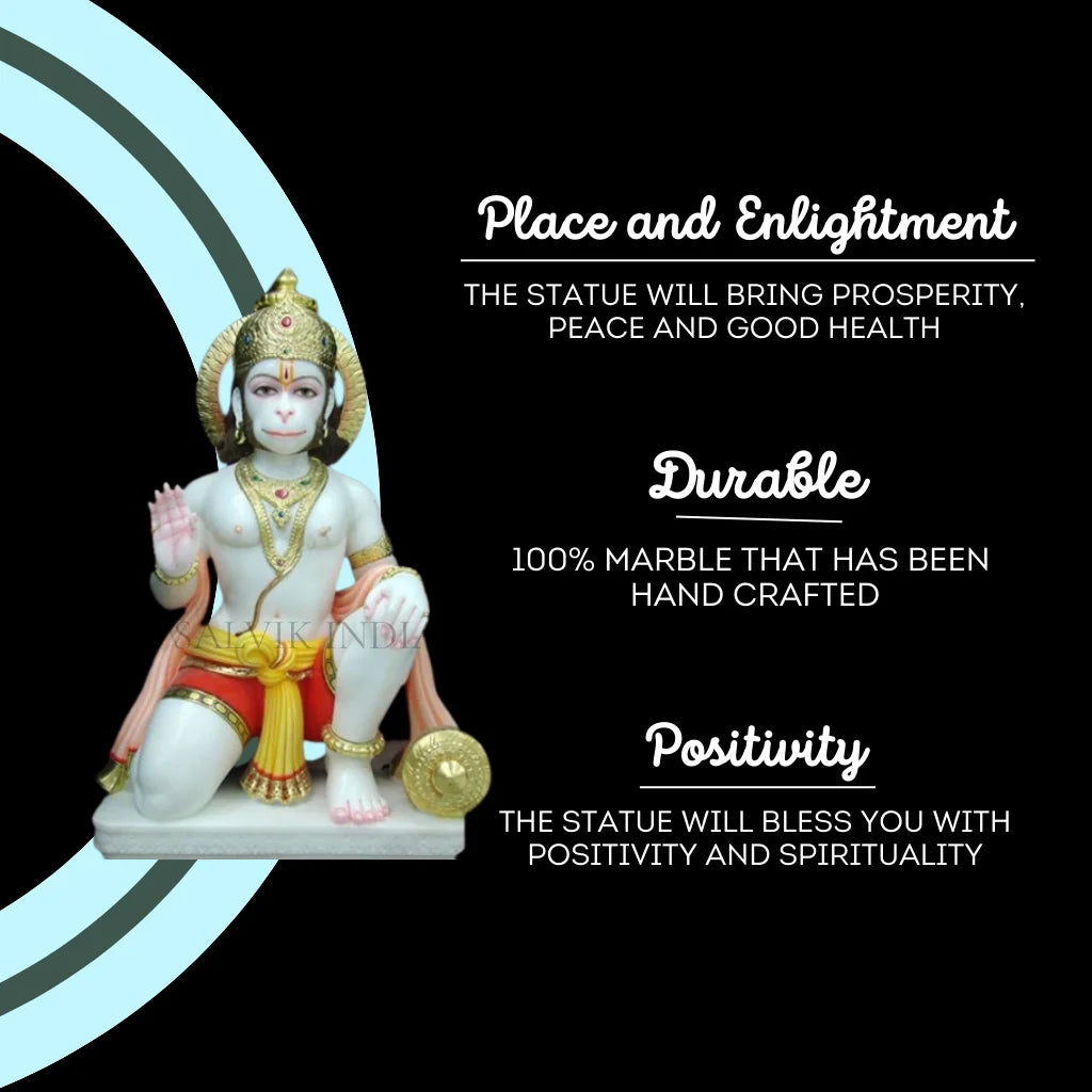 Handcrafted Hanuman Marble Murti 6 Inch promoting positivity, durability and spiritual blessings in pure Makrana marble
