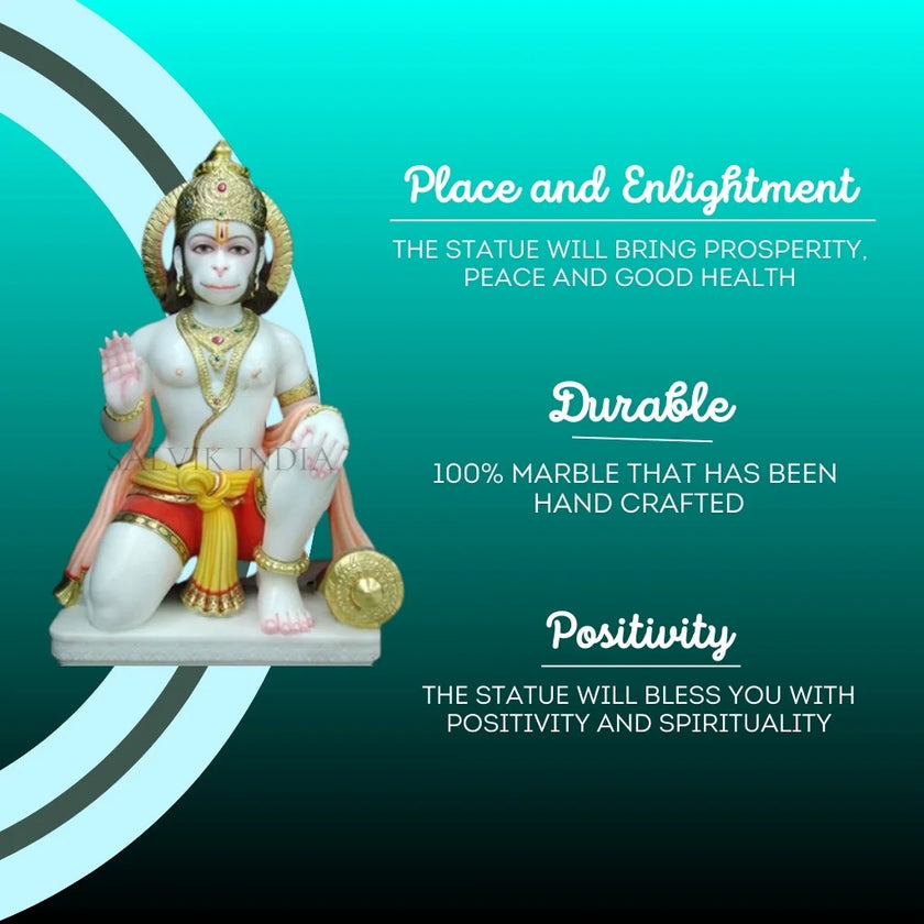 Handcrafted Hanuman Marble Murti 6 Inch promoting positivity, durability and spiritual blessings in pure Makrana marble
