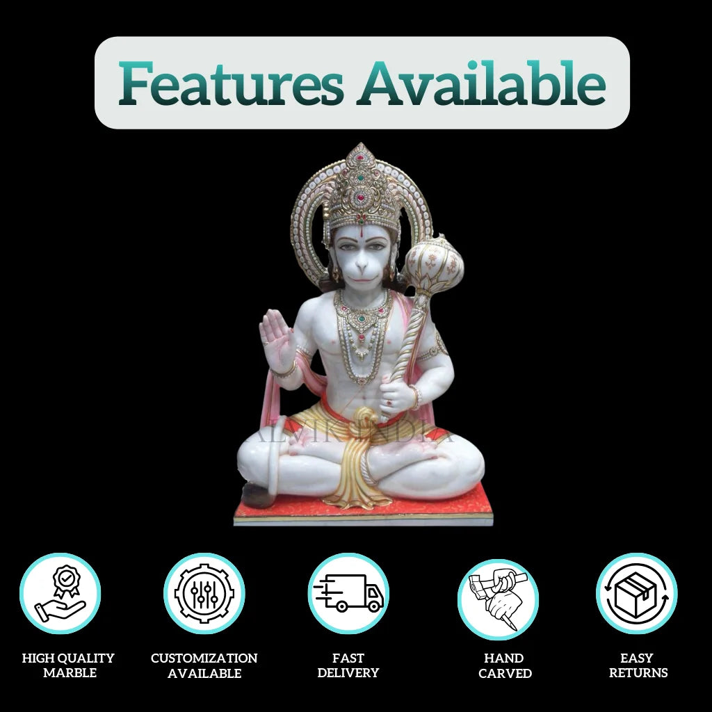Features of Hanuman Marble Murti – High Quality Makrana Marble, Handcrafted Idol, Customization Available