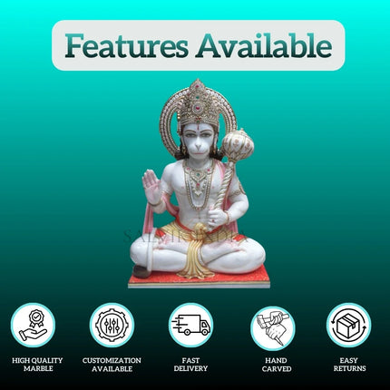 Features of Hanuman Marble Murti – High Quality Makrana Marble, Handcrafted Idol, Customization Available