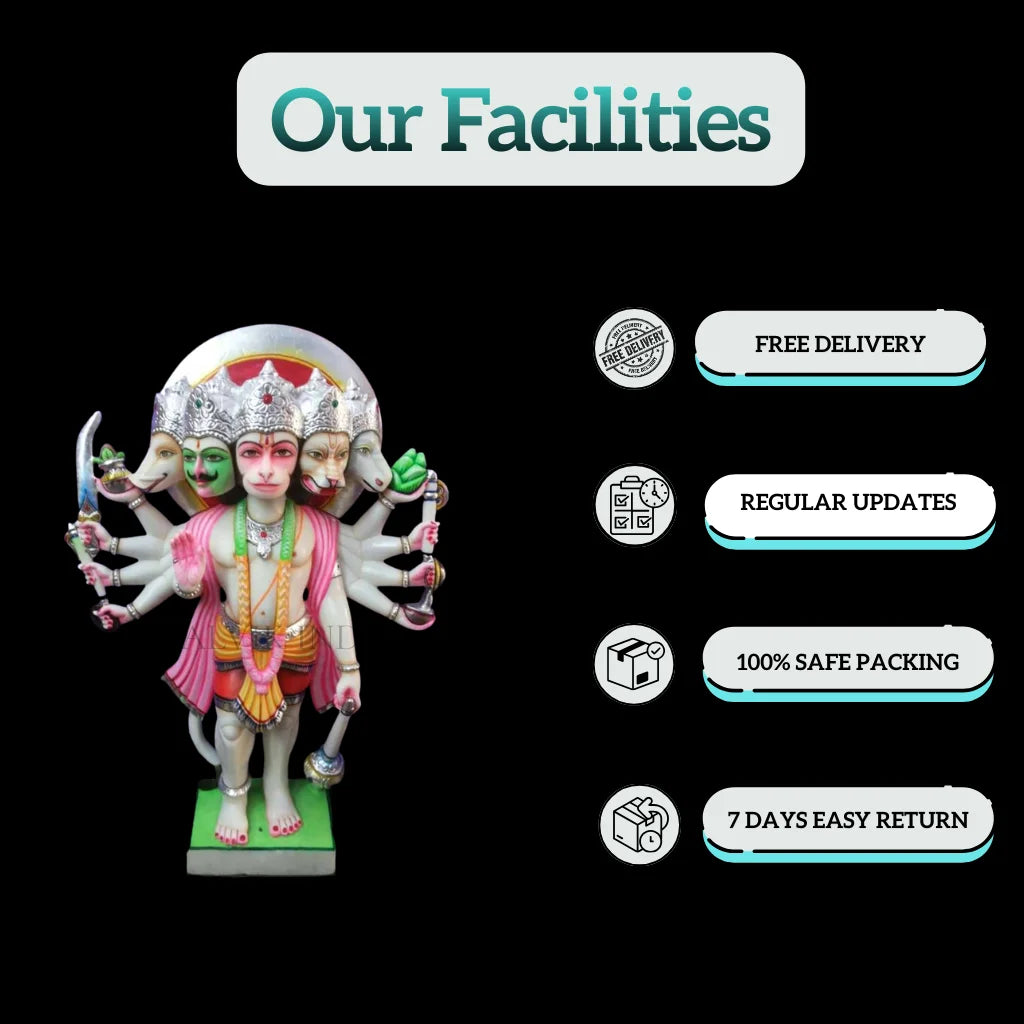 White marble Hanuman Ji murti with Salvik India facilities including free delivery, safe packing, and easy returns.
