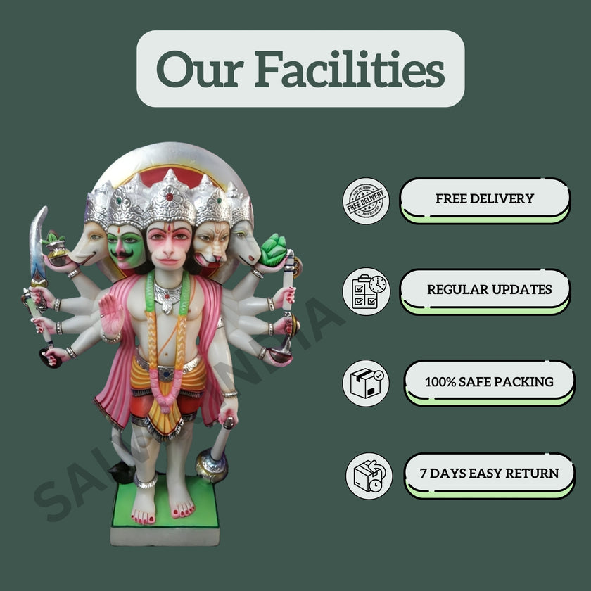 White marble Hanuman Ji murti with Salvik India facilities including free delivery, safe packing, and easy returns.