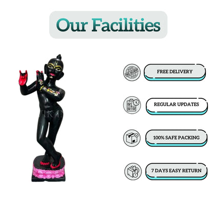 Closeup of ISKCON Black Krishna Marble Murti – Fine Detailing