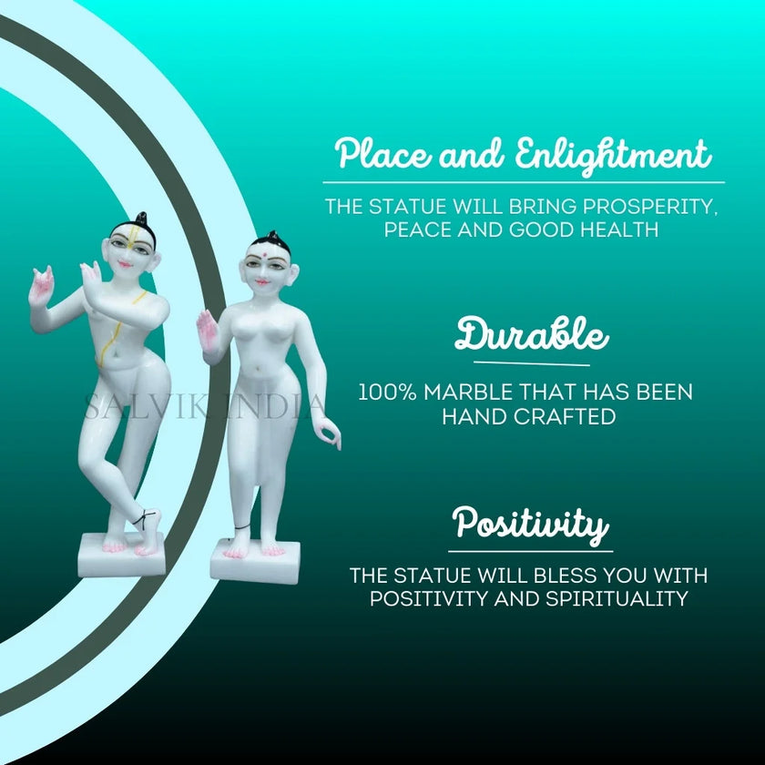 Handcrafted detailing on ISKCON Radha Krishna marble idol for home