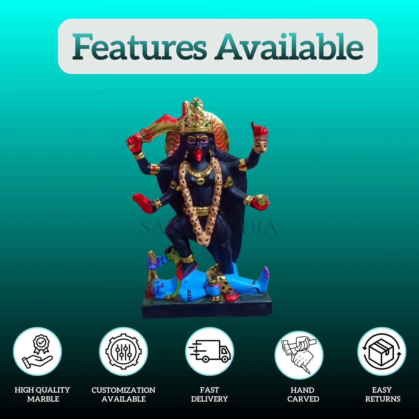 Handcrafted Kali Maa marble murti front view for pooja room