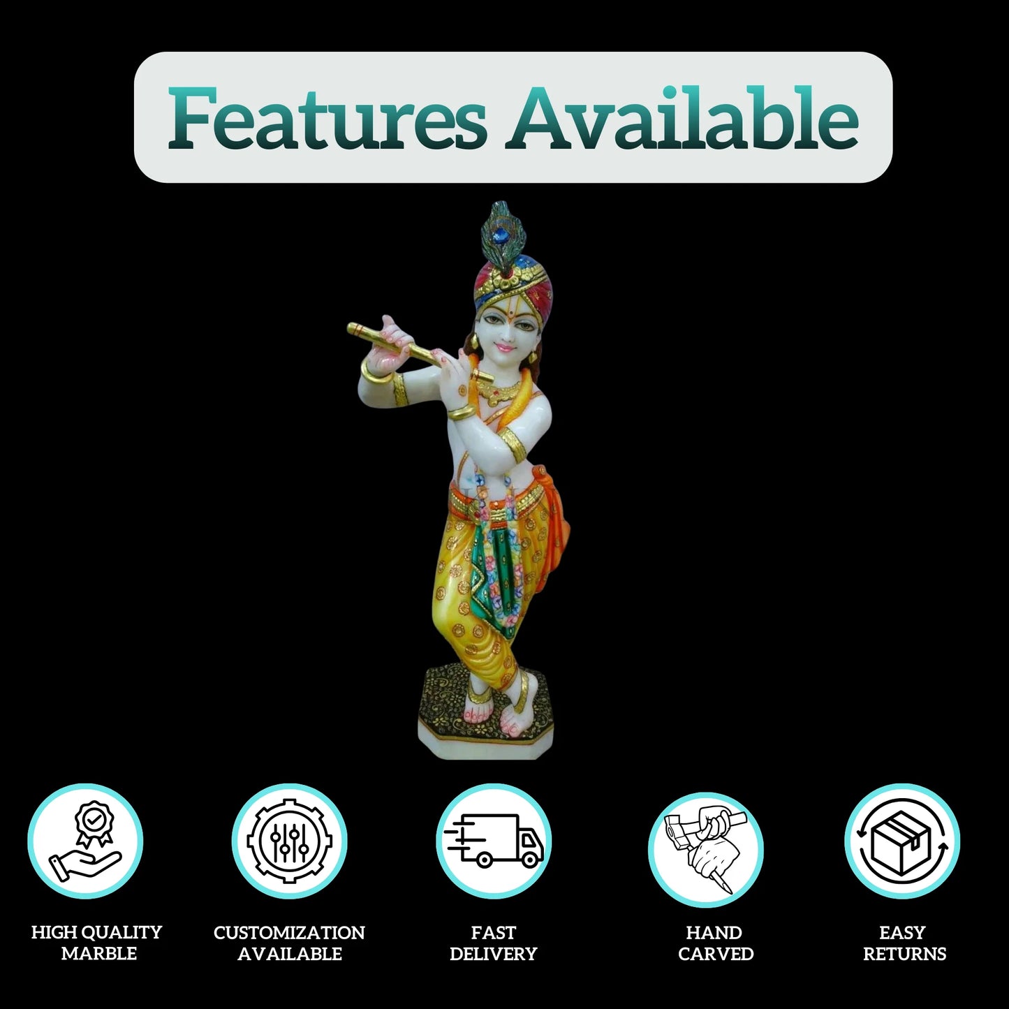 Handcrafted Marble Krishna Murti front view 12–30 inch size
