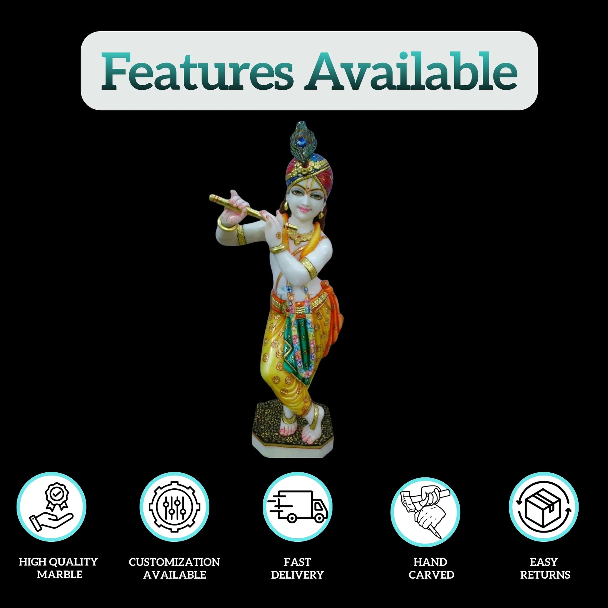 Handcrafted Marble Krishna Murti front view 12–30 inch size