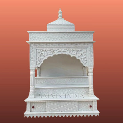 Large marble temple with pillars and dome in Makrana marble for spacious home pooja room