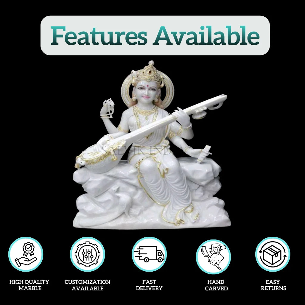 Large size Saraswati marble statue front view close-up
