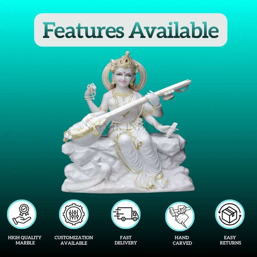 Large size Saraswati marble statue front view close-up