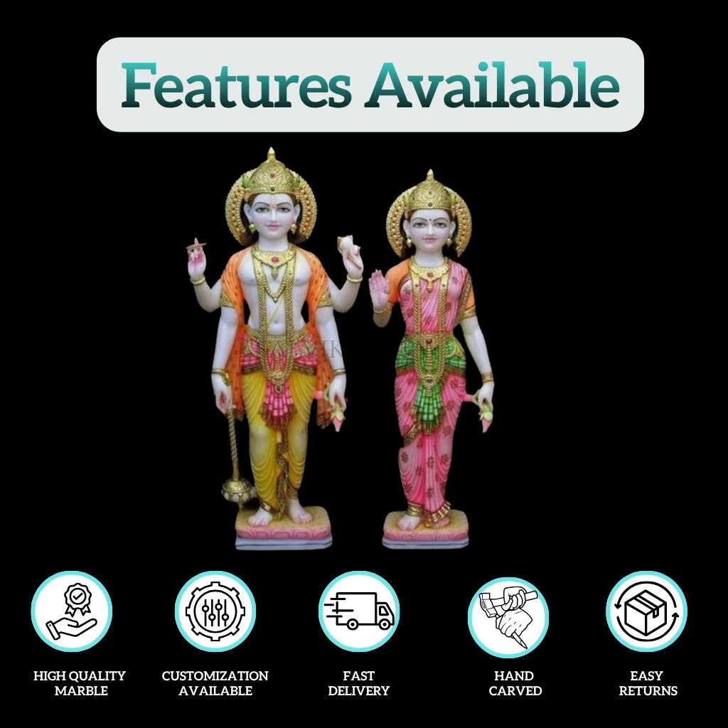 Laxmi Narayan marble idol showing features like high quality marble, customization, fast delivery, and hand carved by Salvik India