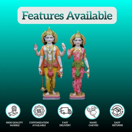 Laxmi Narayan marble idol showing features like high quality marble, customization, fast delivery, and hand carved by Salvik India