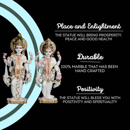 Marble Laxmi Narayan idol featuring decorative lotus motifs and painted details