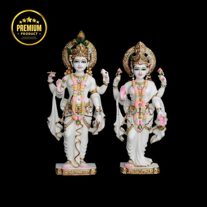 White marble Laxmi Narayan statue featuring Lord Vishnu and Goddess Lakshmi