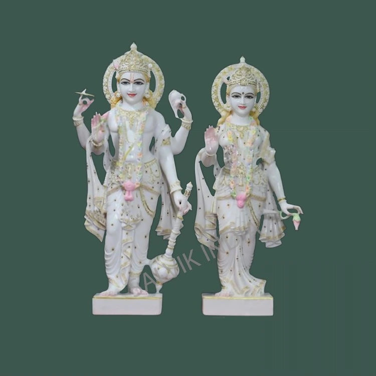 Laxmi Narayan Marble Murti handcrafted in pure Makrana marble by Salvik India, Jaipur — Vishnu and Lakshmi idol for home temple