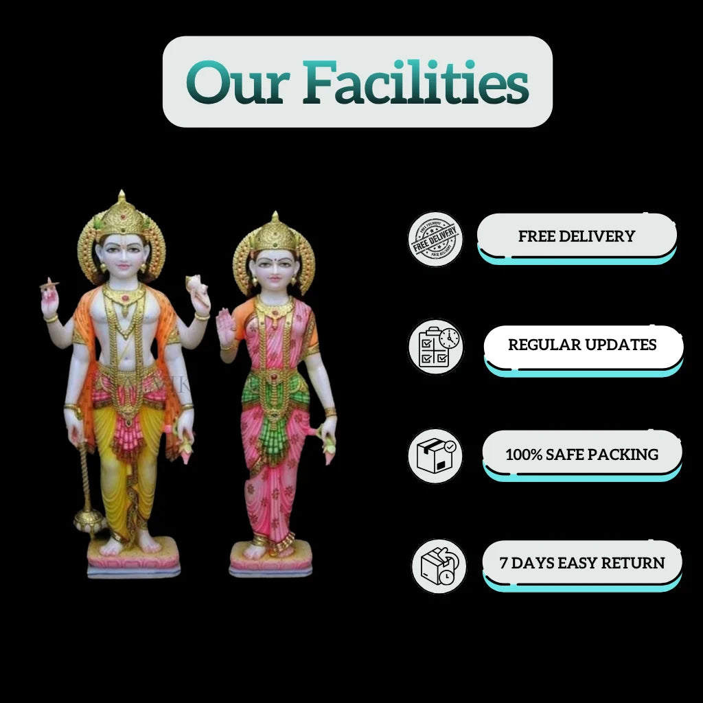 White marble Laxmi Narayan statue with facilities like free delivery, regular updates, safe packing, and easy return from Salvik India