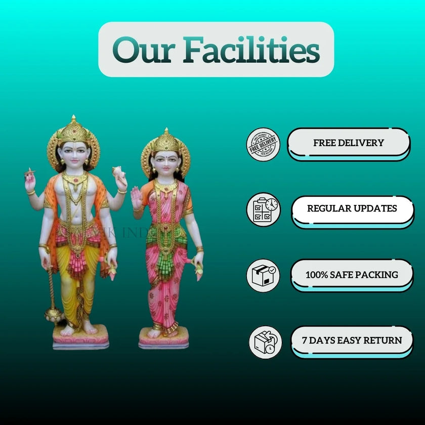 White marble Laxmi Narayan statue with facilities like free delivery, regular updates, safe packing, and easy return from Salvik India
