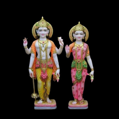 Handcrafted Laxmi Narayan Marble Statue depicting Lord Vishnu and Goddess Lakshmi in white marble by Salvik India