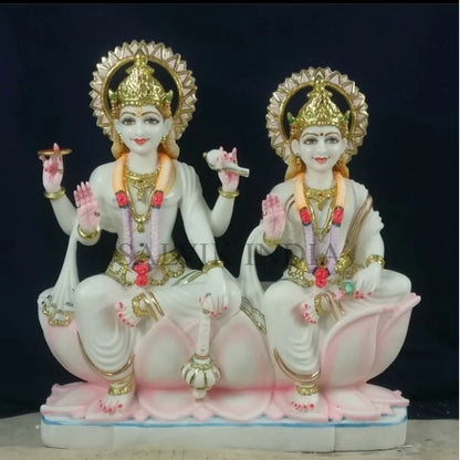 Handcrafted Laxmi Narayan Marble Statue with Lord Vishnu and Goddess Lakshmi seated on a pink lotus